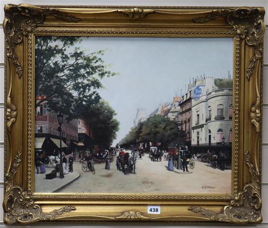 Glynn Williams (b. 1955), oil on board, Parisian street scene with figures in period dress, 39cm x 49cm